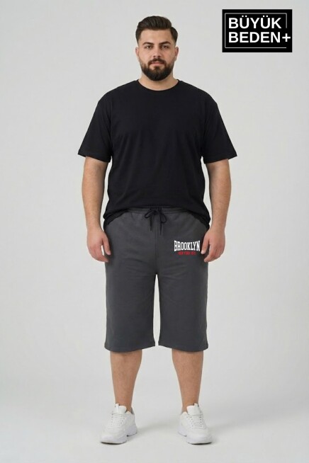 Büyük Beden Erkek 3XL-6XL Rahat Kalıp Cepli Brooklyn 1970 Baskılı Penye Kapri  Şort SPR26BSR591-03