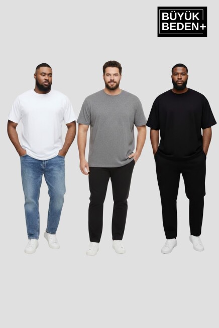 Büyük Beden Erkek Basic  3XL-6XL  Bisiklet Yaka 3lü Tişört Seti SPR26BTS510+3