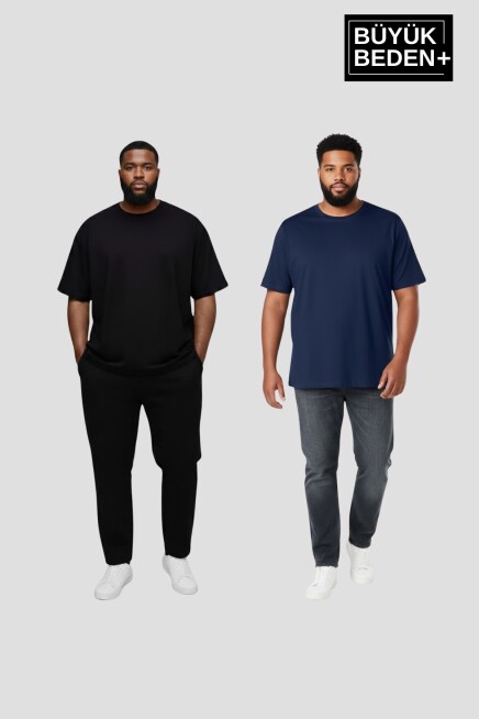 Büyük Beden Erkek Basic Bisiklet Yaka 2li Tişört Seti 3XL-6XL SPR26BTS510+2