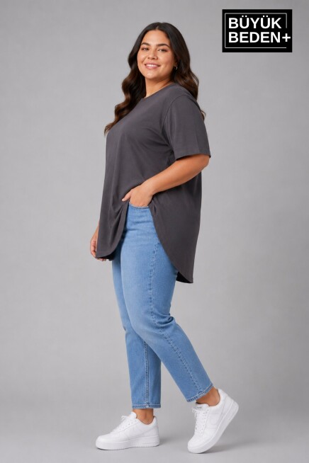 Büyük Beden Kadın Bisiklet Yaka Basic Oval Etek Detalylı 3xl-6xl Uzun Tunik SPR26BTSK502