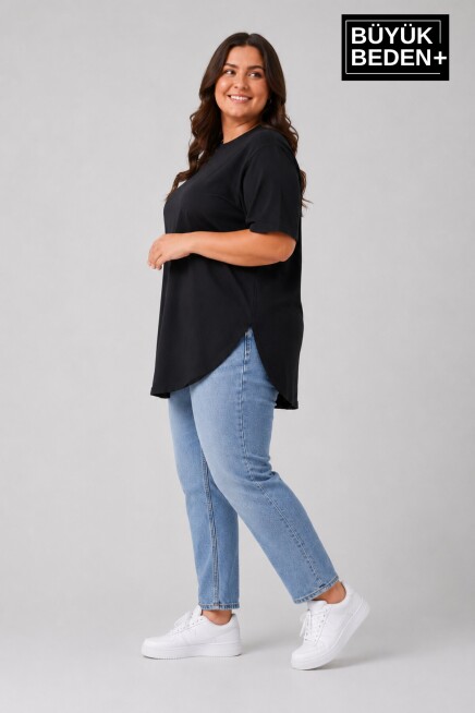 Büyük Beden Kadın Bisiklet Yaka Basic Oval Etek Detalylı 3xl-6xl Uzun Tunik SPR26BTSK502