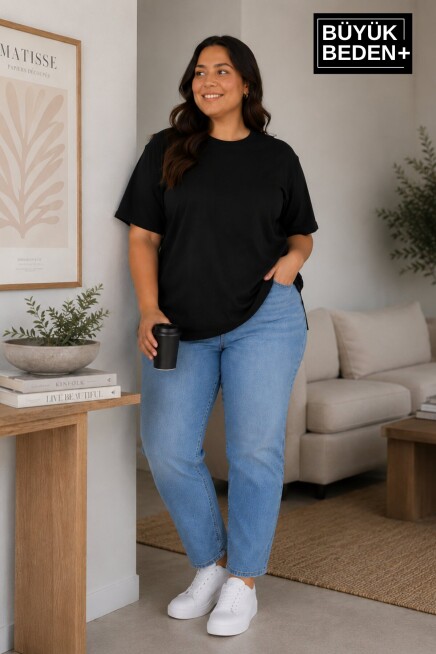 Büyük Beden Kadın Bisiklet Yaka Yırtmaç Detaylı 3XL-6XL Tunik Tişört SPR26BTSK501