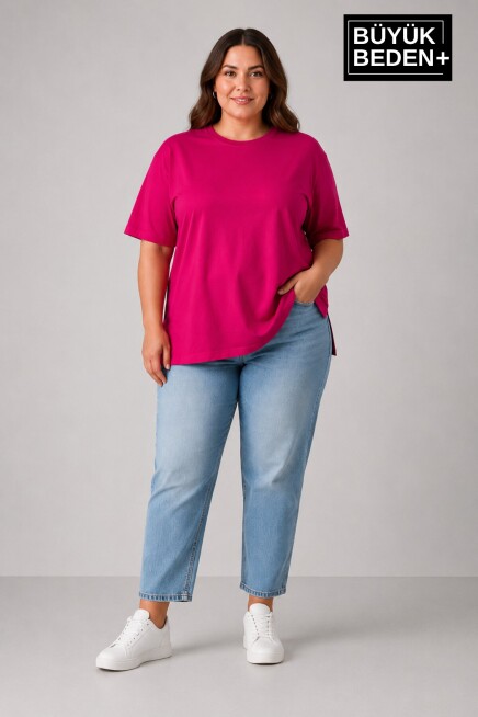 Büyük Beden Kadın Bisiklet Yaka Yırtmaç Detaylı 3XL-6XL Tunik Tişört SPR26BTSK501