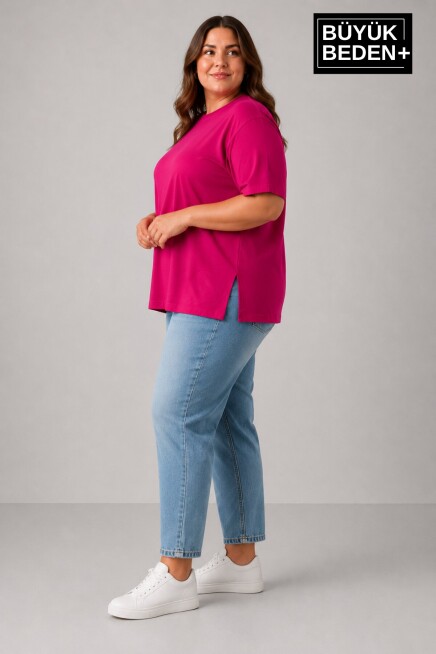 Büyük Beden Kadın Bisiklet Yaka Yırtmaç Detaylı 3XL-6XL Tunik Tişört SPR26BTSK501