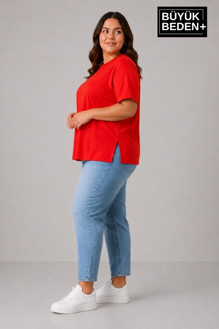 Büyük Beden Kadın Bisiklet Yaka Yırtmaç Detaylı 3XL-6XL Tunik Tişört SPR26BTSK501