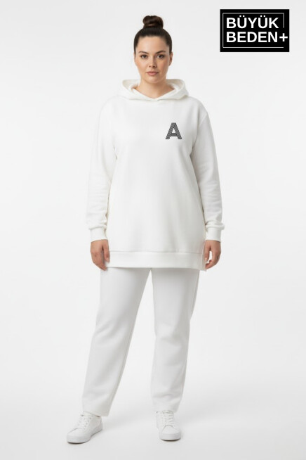 Büyük Beden Kapşonlu A Baskılı Tunik ince Sweatshırt  SPR26BTK991-3
