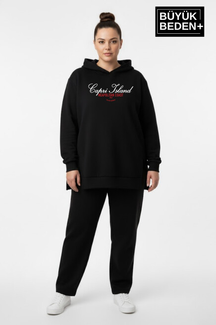 Büyük Beden Kapşonlu Capri İsland Baskılı Tunik ince Sweatshırt  SPR26BTK991-2