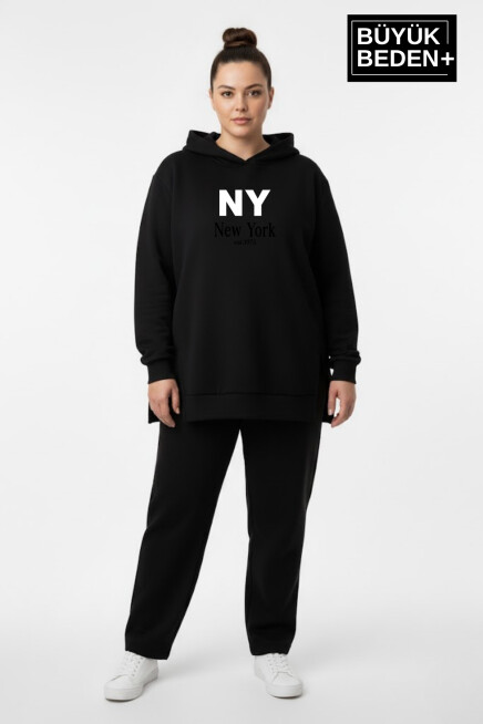 Büyük Beden Kapşonlu NY Newyork Baskılı Tunik ince Sweatshırt  SPR26BTK991-1