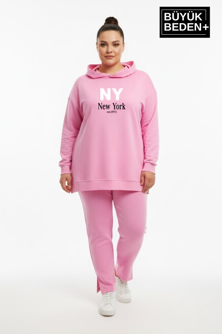 Büyük Beden Kapşonlu NY Newyork Baskılı Tunik ince Sweatshırt  SPR26BTK991-1