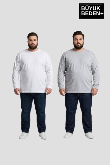 Erkek Büyük Beden 2li Set Uzun Kollu 2 İplik Bisiklet Yaka Tişört SPR26BEA942+2