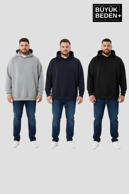 Erkek Büyük Beden 3 lü Set  Kollar Ve Etek Ribanalı ince Kapşonlu Swatshırt SPR26BSW957+3