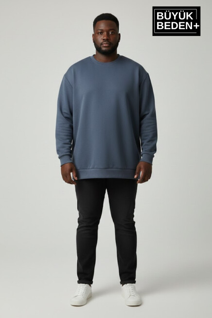 Erkek Büyük Beden Bisiklet Yaka Kollar ve Etek Ribanalı İnce Sweatshirt SPR26BSW956