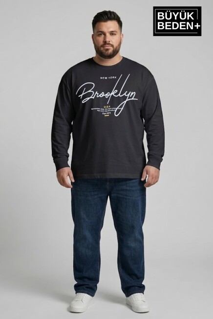 Erkek Büyük Beden El Yazılı Brooklyn Baskılı 2 İplik Bisiklet Yaka Tişört SPR26BTS942-6