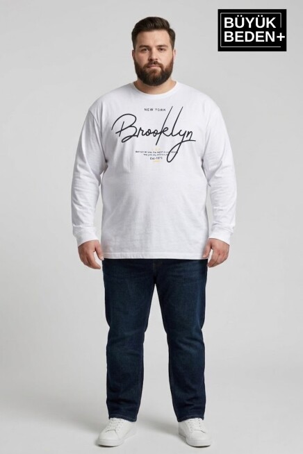 Erkek Büyük Beden El Yazılı Brooklyn Baskılı 2 İplik Bisiklet Yaka Tişört SPR26BTS942-6