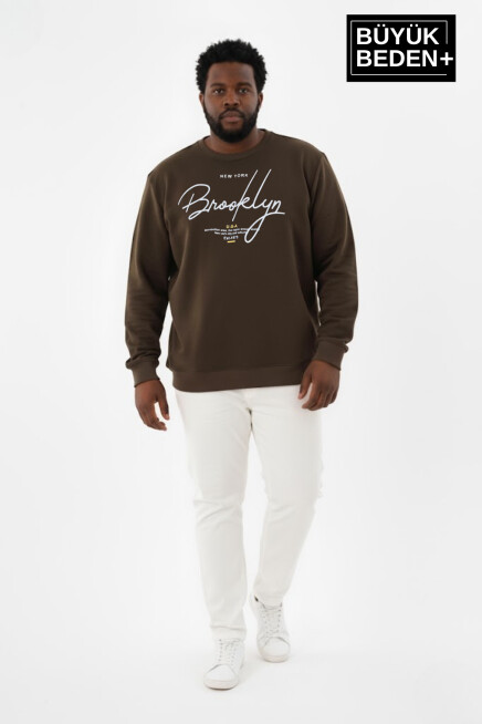 Erkek Büyük Beden El Yazılı Brooklyn Baskılı Bisiklet Yaka Sweatshirt SPR26BSW956-6