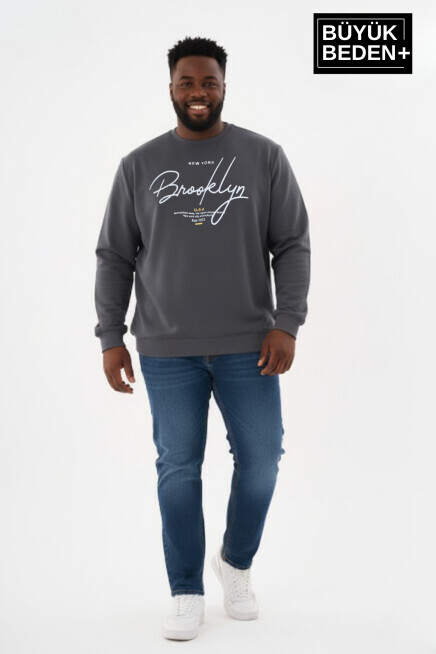 Erkek Büyük Beden El Yazılı Brooklyn Baskılı Bisiklet Yaka Sweatshirt SPR26BSW956-6