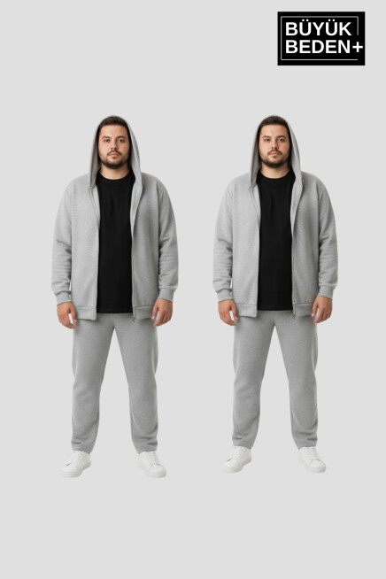 Erkek Büyük Beden Fermuarlı Kapüşonlu 2li Set ince Sweatshirt Hırka - Rahat Kalıp SPR26BHR960+2