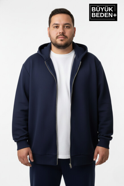 Erkek Büyük Beden Fermuarlı Kapüşonlu 2li Set ince Sweatshirt Hırka - Rahat Kalıp SPR26BHR960+2