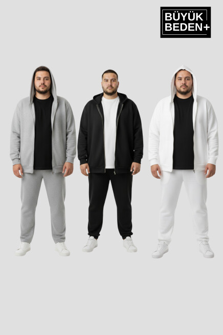 Erkek Büyük Beden Fermuarlı Kapüşonlu 3 lü Set ince Sweatshirt Hırka - Rahat Kalıp SPR26BHR960+3