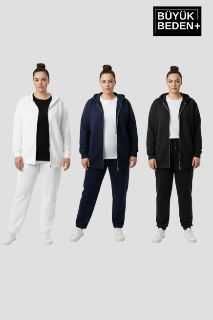 Erkek Büyük Beden Fermuarlı Kapüşonlu 3 lü Set ince Sweatshirt Hırka - Rahat Kalıp SPR26BHRK960+3