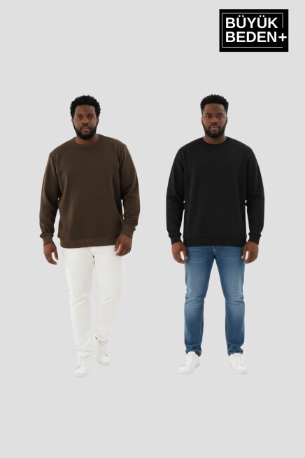 Erkek Büyük Beden İkili Bisiklet Yaka 2’li Set -Rahat Kalıp İnce Sweatshirt SPR26BSW956+2