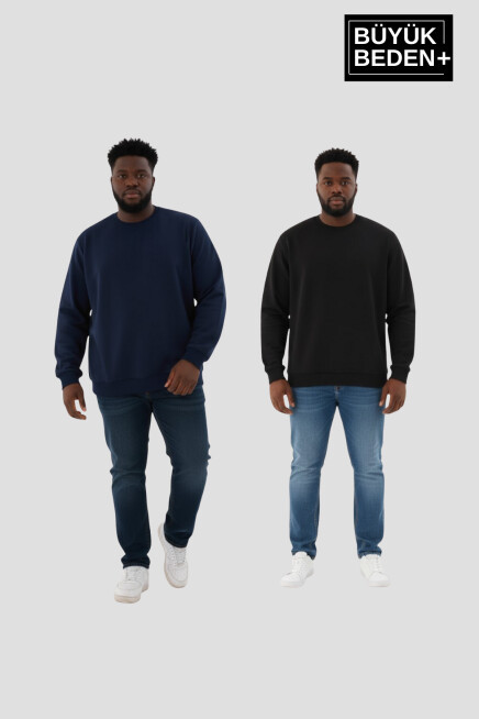 Erkek Büyük Beden İkili Bisiklet Yaka 2’li Set -Rahat Kalıp İnce Sweatshirt SPR26BSW956+2