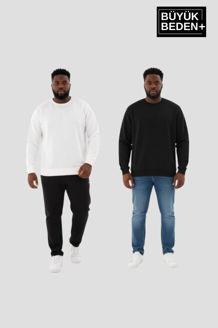 Erkek Büyük Beden İkili Bisiklet Yaka 2’li Set -Rahat Kalıp İnce Sweatshirt SPR26BSW956+2