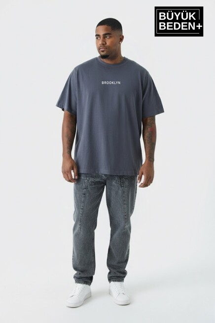 Erkek Büyük Beden Orta Brooklyn Baskılı 3xl-6xl Bisiklet Yaka Tshırt SPR26BTS510-8
