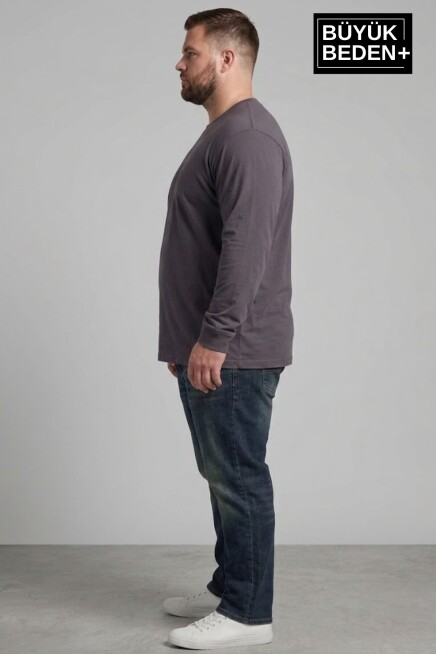 Erkek Büyük Beden Uzun Kollu 2 İplik Bisiklet Yaka Tişört SPR26BEA942