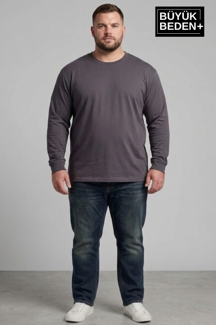 Erkek Büyük Beden Uzun Kollu 2 İplik Bisiklet Yaka Tişört SPR26BEA942