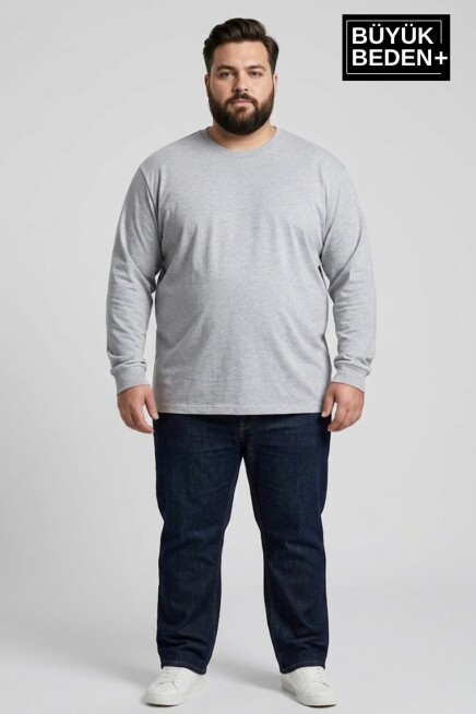 Erkek Büyük Beden Uzun Kollu 2 İplik Bisiklet Yaka Tişört SPR26BEA942