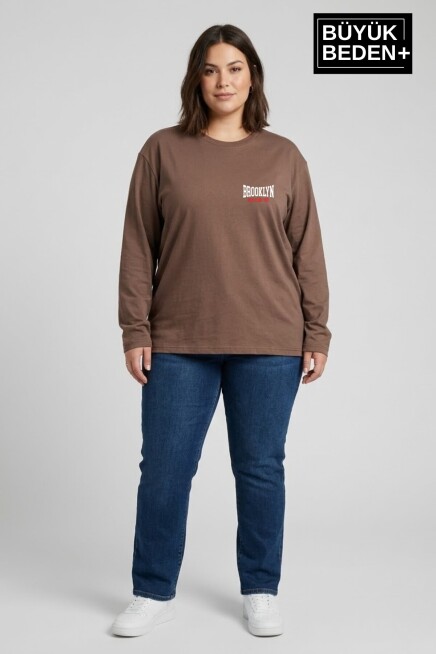 Kadın Büyük Beden Orta Brooklyn Baskılı 2 İplik Bisiklet Yaka Tişört SPR26BEAK942-3