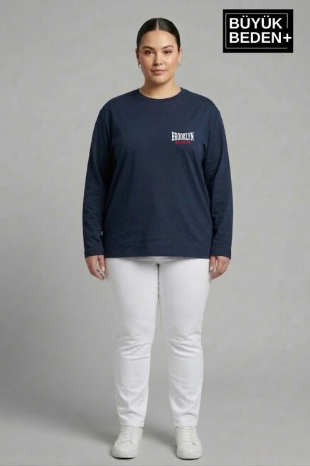 Kadın Büyük Beden Orta Brooklyn Baskılı 2 İplik Bisiklet Yaka Tişört SPR26BEAK942-3