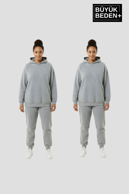 Kadın Büyük Beden 2 li Set Kapşonlu Kollar Ve Etek Ribanalı ince Swatshırt SPR26BSWK957+2