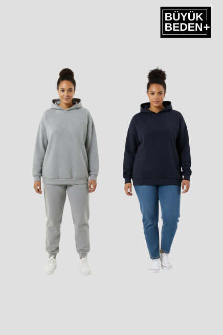 Kadın Büyük Beden 2 li Set Kapşonlu Kollar Ve Etek Ribanalı ince Swatshırt SPR26BSWK957+2