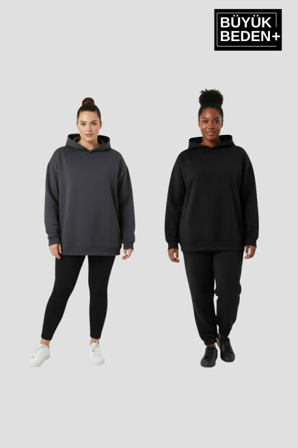 Kadın Büyük Beden 2 li Set Kapşonlu Kollar Ve Etek Ribanalı ince Swatshırt SPR26BSWK957+2