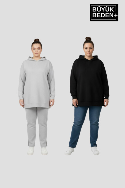 Kadın Büyük Beden 2 li Set Kapşonlu Tunik ince Sweatshırt  SPR26BTK991+2