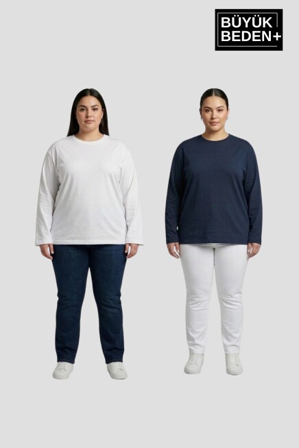 Kadın Büyük Beden 2li Set Uzun Kollu 2 İplik Bisiklet Yaka Tişört SPR26BEA942+2