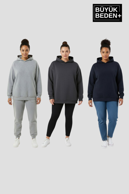Kadın Büyük Beden 3 lü Set  Kollar Ve Etek Ribanalı ince Kapşonlu Swatshırt SPR26BSWK957+3