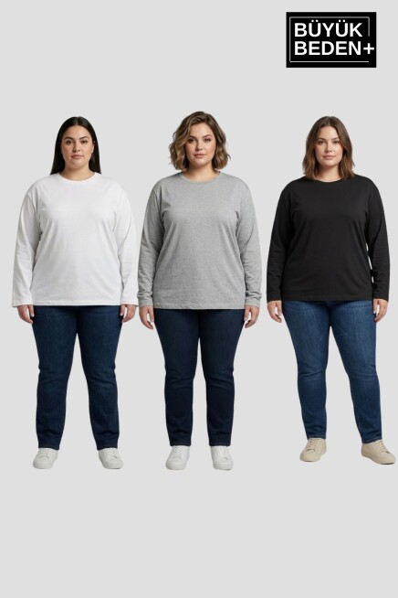 Kadın Büyük Beden 3lü Set Uzun Kollu 2 İplik Bisiklet Yaka Tişört SPR26BEA942+2