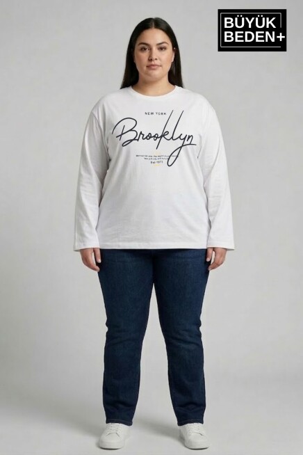 Kadın Büyük Beden El Yazılı Brooklyn Baskılı 2 İplik Bisiklet Yaka Tişört SPR26BTSK942-6