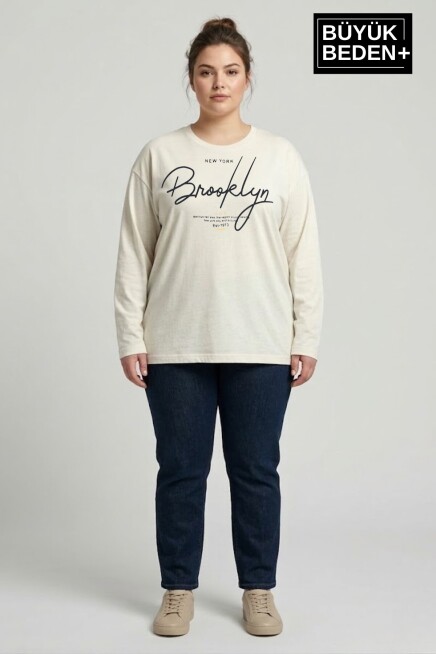 Kadın Büyük Beden El Yazılı Brooklyn Baskılı 2 İplik Bisiklet Yaka Tişört SPR26BTSK942-6