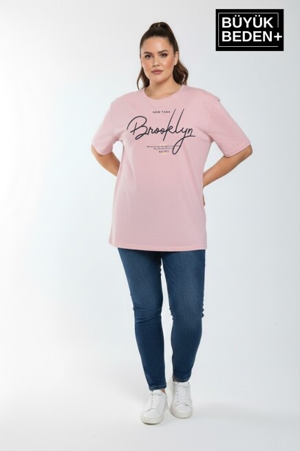 Kadın Büyük Beden El Yazılı Brooklyn Baskılı 3xl-6xl Bisiklet Yaka Tshırt SPR25BTSK510-6