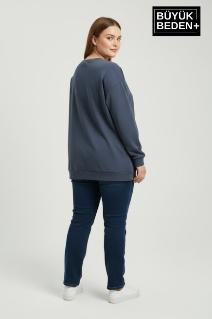 Kadın Büyük Beden El Yazılı California Baskılı Bisiklet Yaka ince Sweatshirt SPR26BSWK956-7