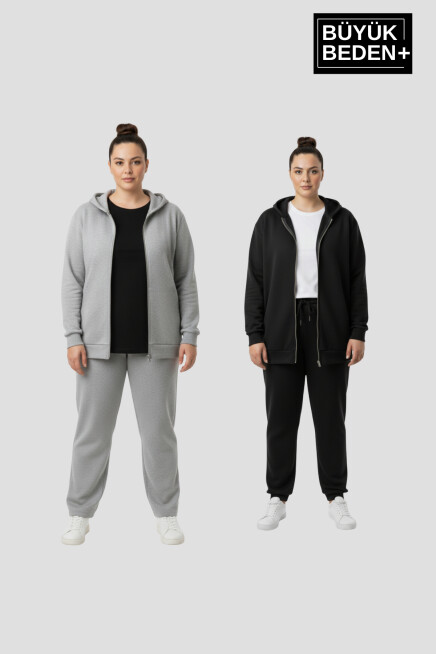Kadın Büyük Beden Fermuarlı Kapüşonlu 3lü Set ince Sweatshirt Hırka - Rahat Kalıp SPR26BHRK960+2