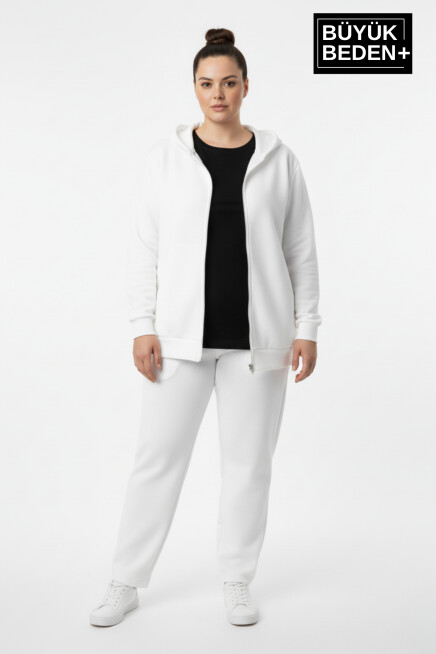 Kadın Büyük Beden Fermuarlı Kapüşonlu 3lü Set ince Sweatshirt Hırka - Rahat Kalıp SPR26BHRK960+2