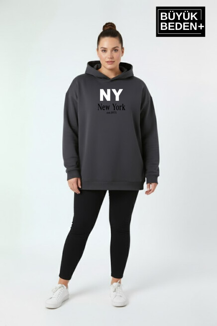 Kadın Büyük Beden Kapşonlu NY NewYork Baskılı ince Swatshırt SPR26BSWK957-15