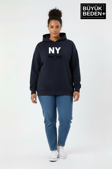 Kadın Büyük Beden Kapşonlu NY NewYork Baskılı ince Swatshırt SPR26BSWK957-15