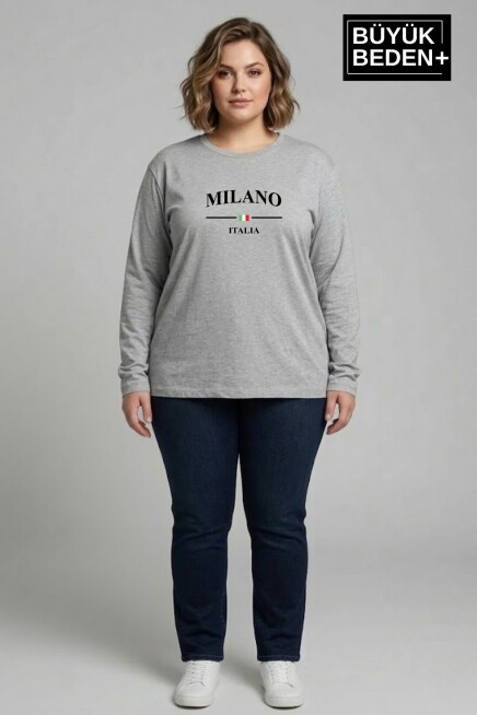 Kadın Büyük Beden Milano İtalia Baskılı 2 İplik Bisiklet Yaka Tişört SPR26BTSK942-9
