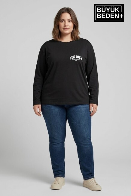 Kadın Büyük Beden New York Baskılı 2 İplik Bisiklet Yaka Tişört SPR26BTSK942-5